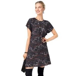 CAbi Muse Dark Grey Floral Print Flutter Sleeve Dress Ruffle Hem A Line Casual